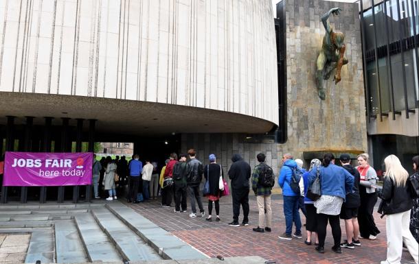 Queue of jobseekers at the Civic Centre in Newcastle.