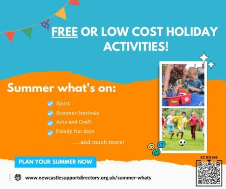 Poster for summer holiday activities including QR code